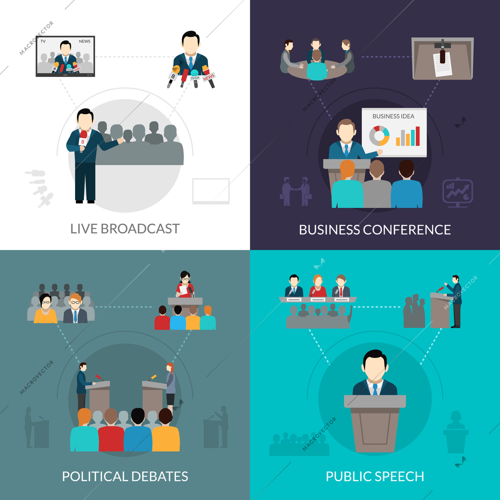 Public speaking design concept set with business conference flat icons isolated vector illustration