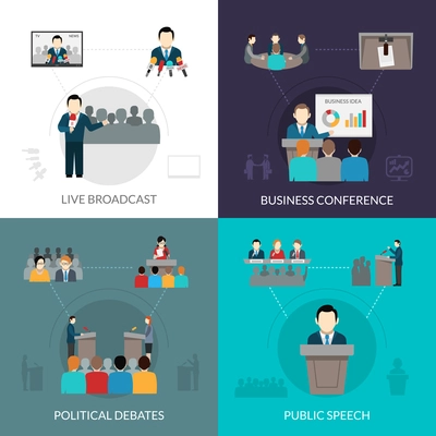 Public speaking design concept set with business conference flat icons isolated vector illustration