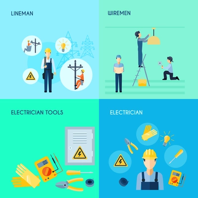 Lineman wiremen electrician and electrician tools 2x2 design set with titles flat vector illustration