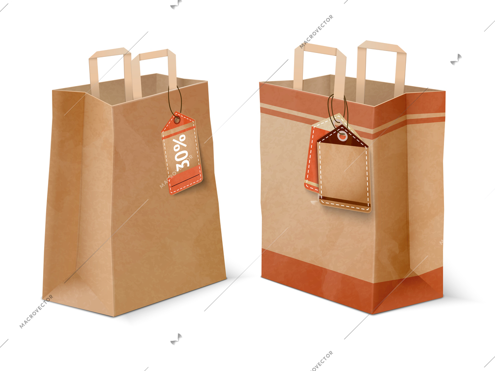 Paper shopping bags template with cardboard price labels for discount offers advertising commercials isolated vector illustration