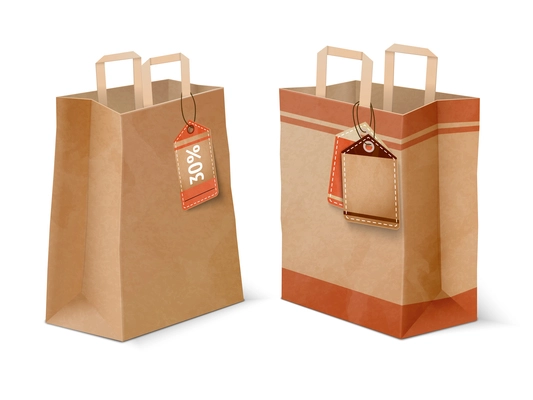 Paper shopping bags template with cardboard price labels for discount offers advertising commercials isolated vector illustration