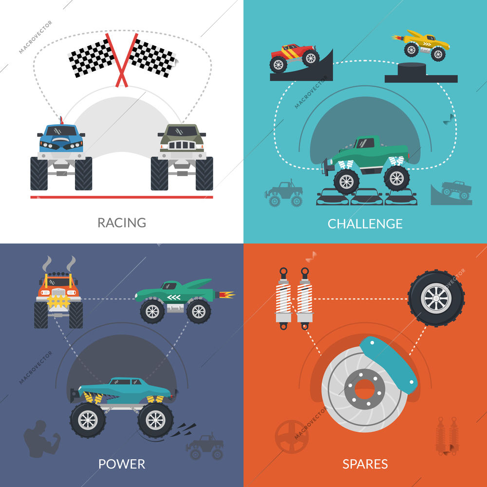 Monster truck design concept set with racing challenge flat icons isolated vector illustration