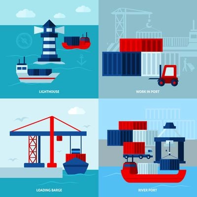 Flat color seaport  concept  with ships lighthouse  and port facilities vector illustration