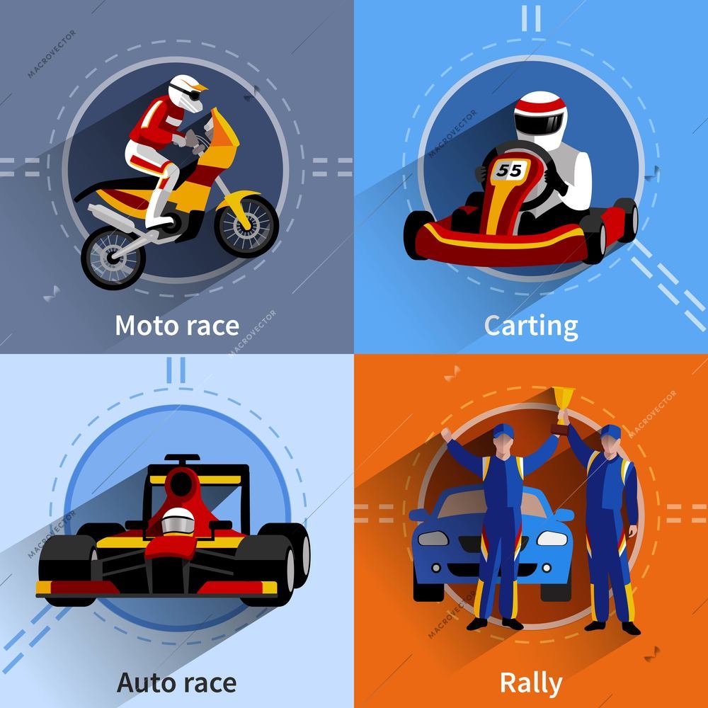Racer icons set with carting rally moto and auto race symbols flat isolated vector illustration
