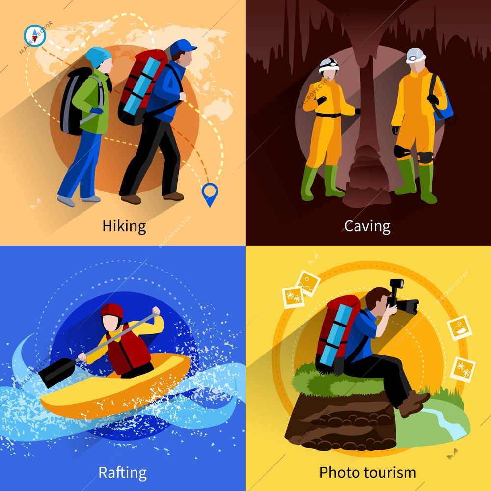 Tourism icons set with hiking caving rafting and photo tourism symbols flat isolated vector illustration