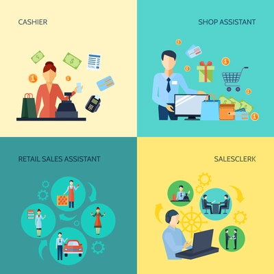 Design 2x2 set of cashier salesclerk shop assistant and retail sales assistant flat vector illustration