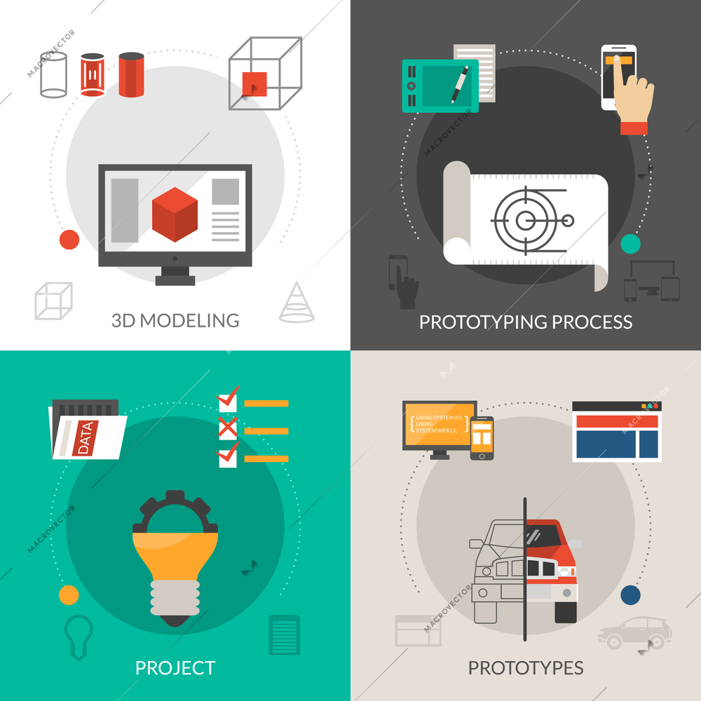 Prototyping and modeling design concept set with 3d project icons isolated vector illustration