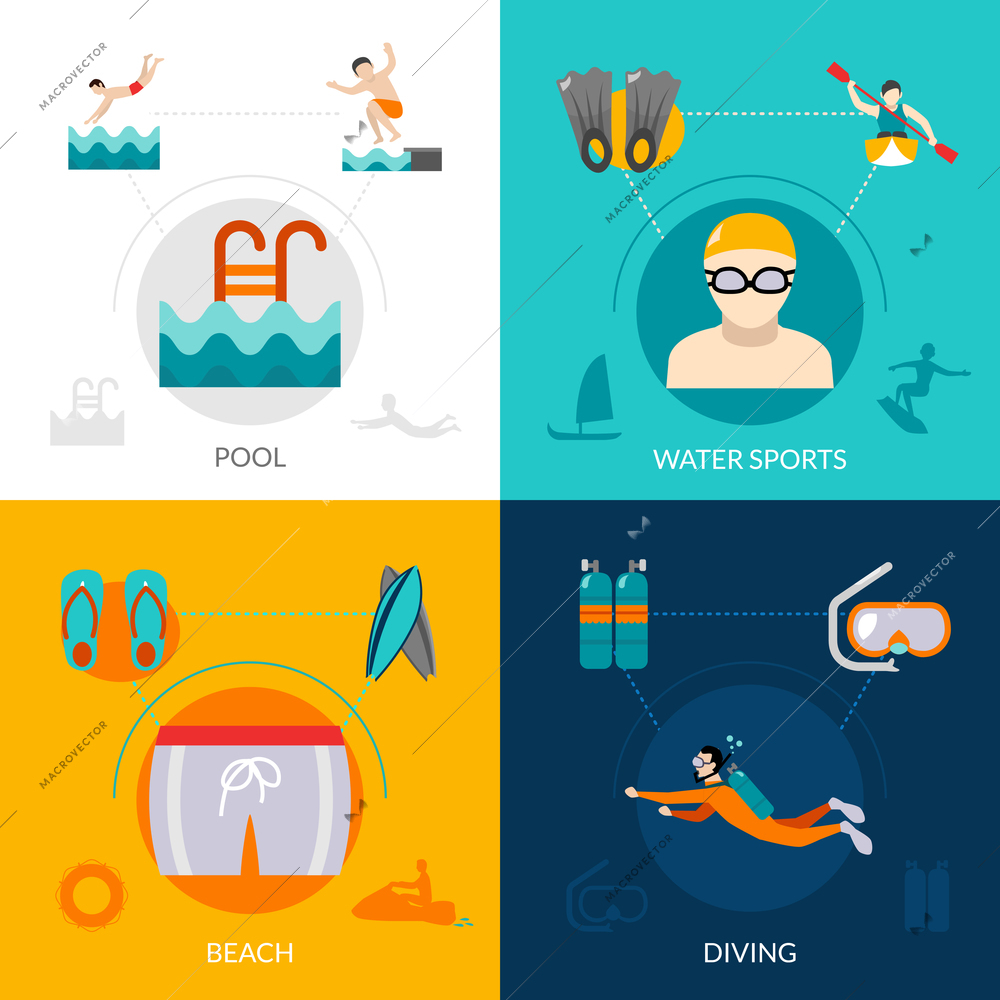 Swimming design concept set with water sports flat icons isolated vector illustration