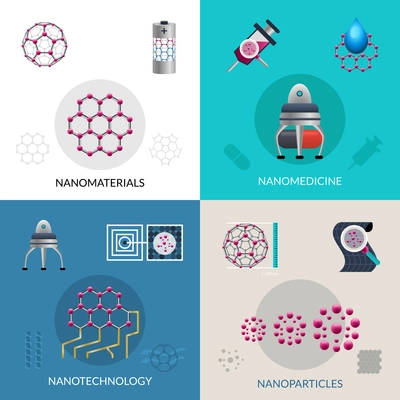Nanotechnology concept of fabrication nanomaterials and nanoparticles 4 flat icons composition square banner abstract isolated vector illustration