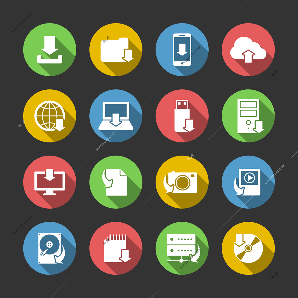 Internet download symbols collection for computer and mobile electronic devices flat icons set in circles isolated vector illustration