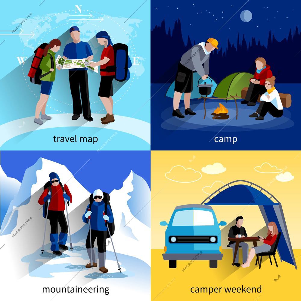 Camper people icons set with travel map mountaineering and camper weekend symbols flat isolated vector illustration