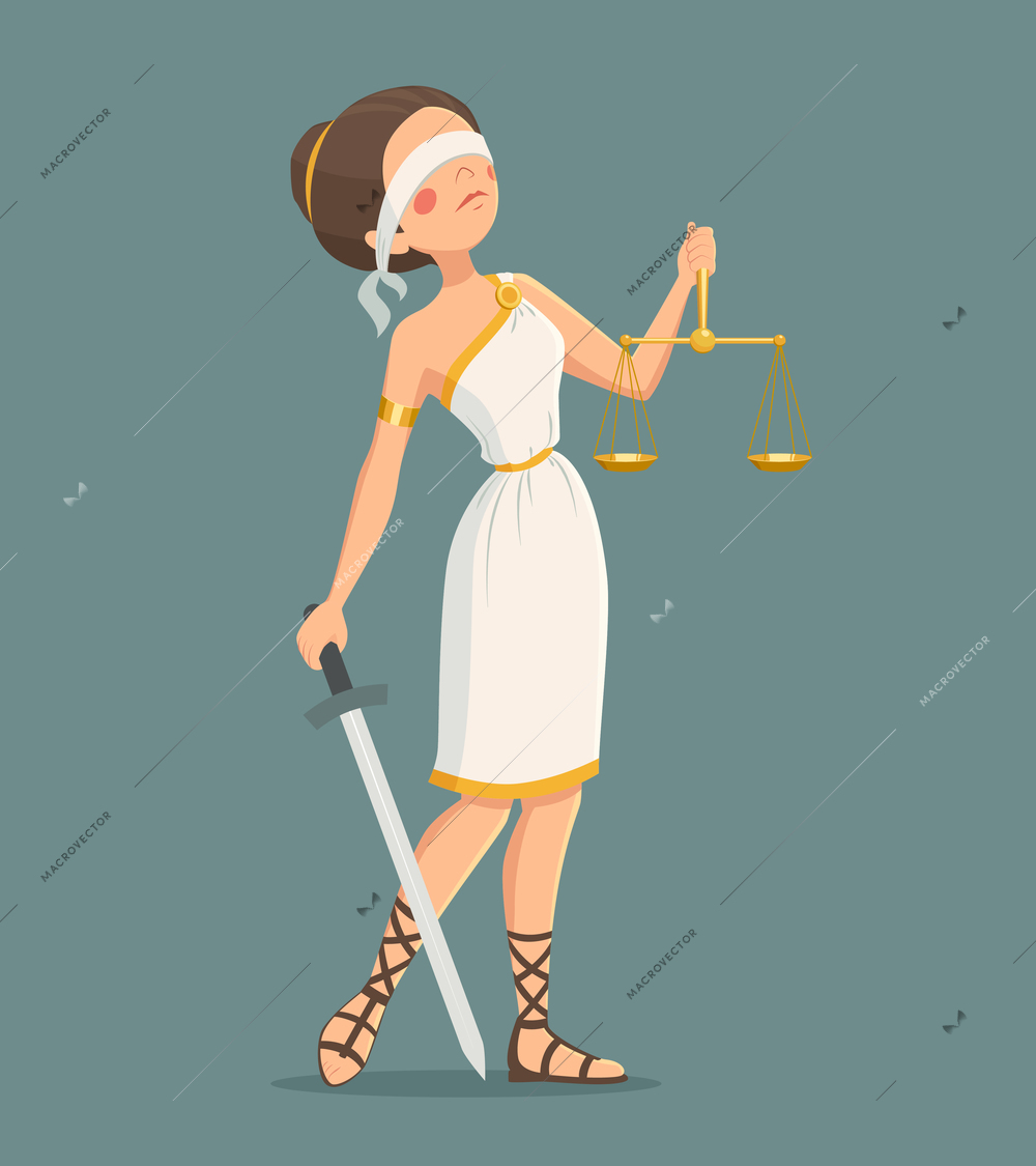 Blindfolded Greek justice lady with sword and scales cartoon vector illustration