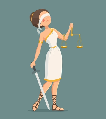 Blindfolded Greek justice lady with sword and scales cartoon vector illustration