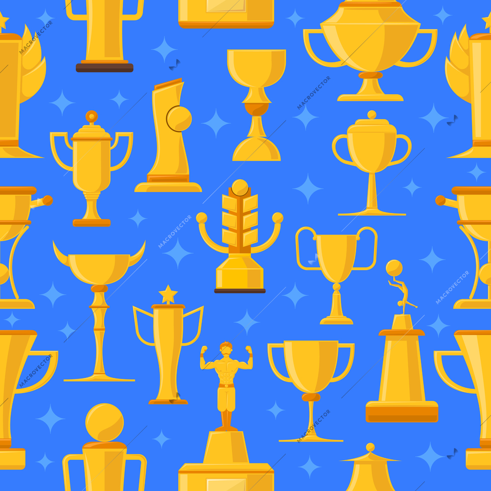 Awards and cups for winning a competition on blue background seamless flat isolated vector illustration