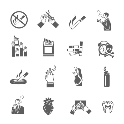 Smoking addiction black icons set with cigarettes pack lighter and smokers isolated vector illustration