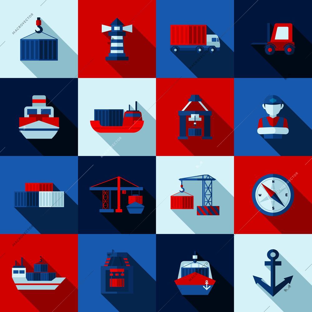 Seaport color flat shadows  icons set with cargo ships and port facilities isolated vector illustration