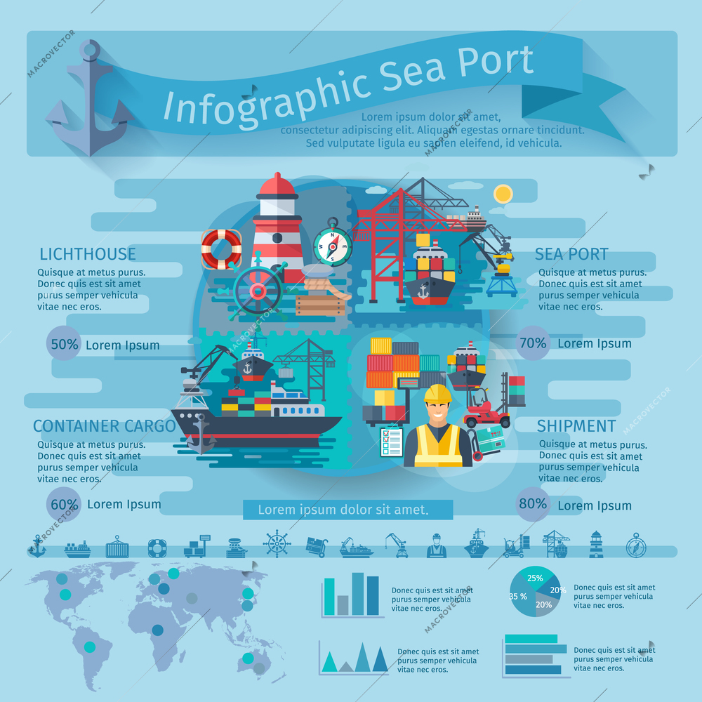 Sea port infographics set with container ships symbols and charts vector illustration