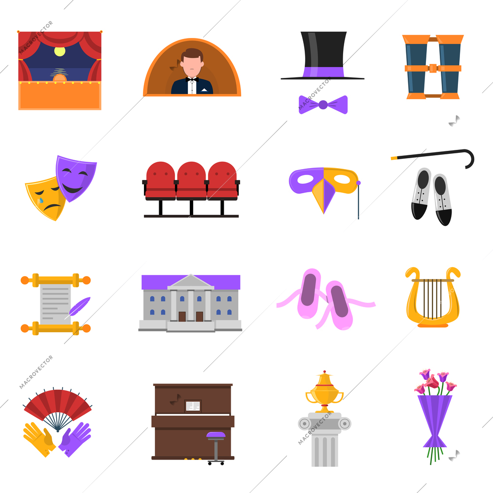 Theatre icons set with stage and performance symbols flat isolated vector illustration