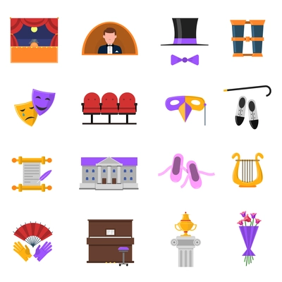 Theatre icons set with stage and performance symbols flat isolated vector illustration