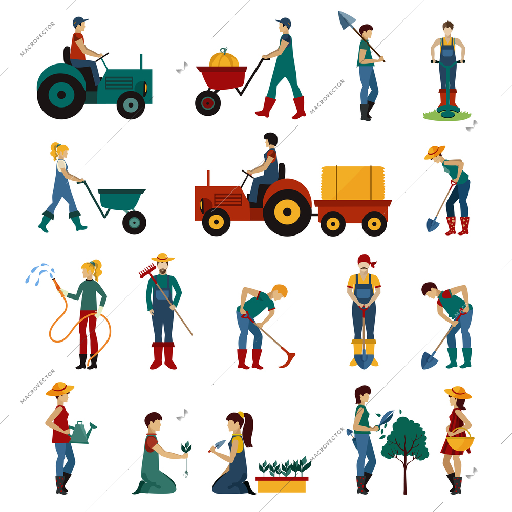 Gardening people with equipment flat icons set isolated vector illustration