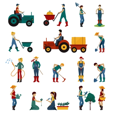 Gardening people with equipment flat icons set isolated vector illustration