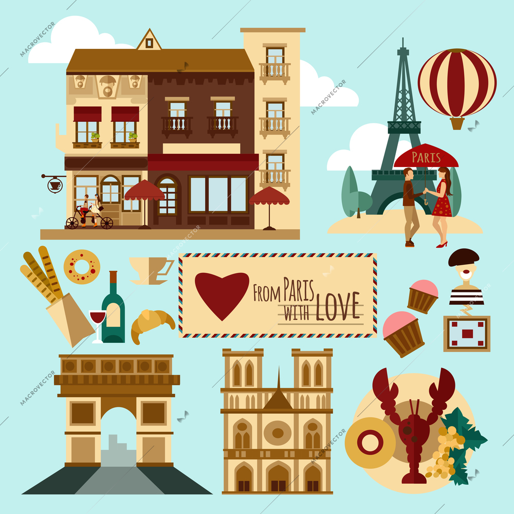 Paris touristic set with landmarks and France symbols vector illustration