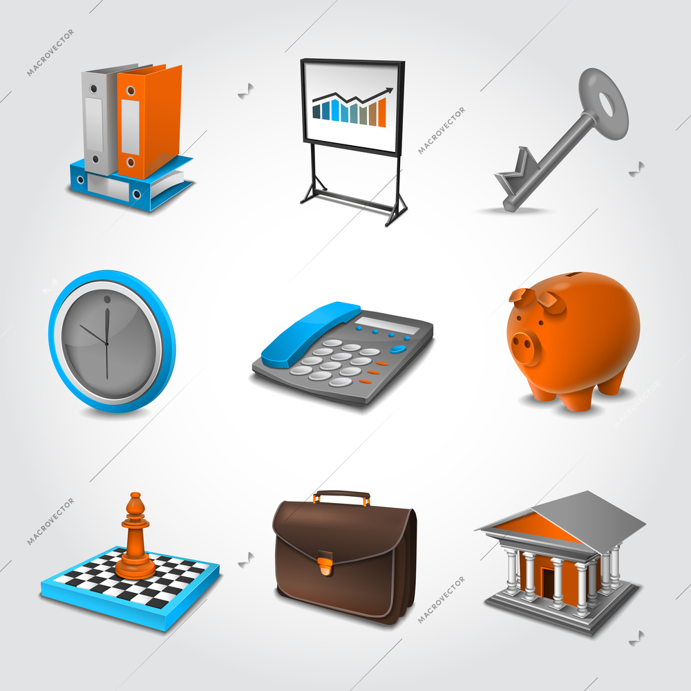 Business realistic icons set with briefcase  key piggy bank isolated vector illustration