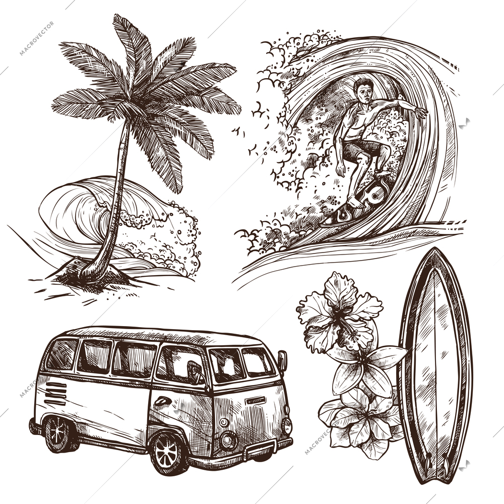 Surfing sport and lifestyle wave surfboard beach and van sketch decorative icon set isolated vector illustration