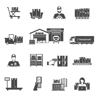 Storage and logistics black white icons set with transportation and sorting symbols flat isolated vector illustration