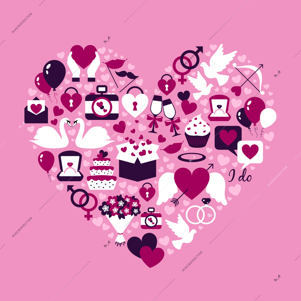 Wedding concept with flat party icons set in heart shape vector illustration