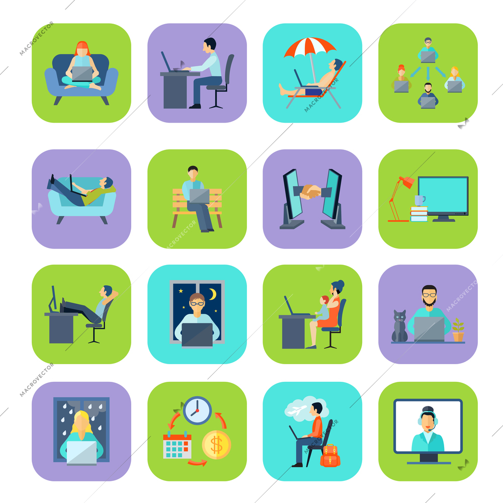 Freelance remote work at home or anywhere and anytime flat color icon set isolated vector illustration