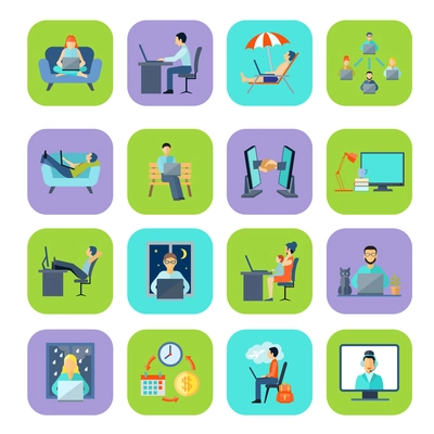 Freelance remote work at home or anywhere and anytime flat color icon set isolated vector illustration