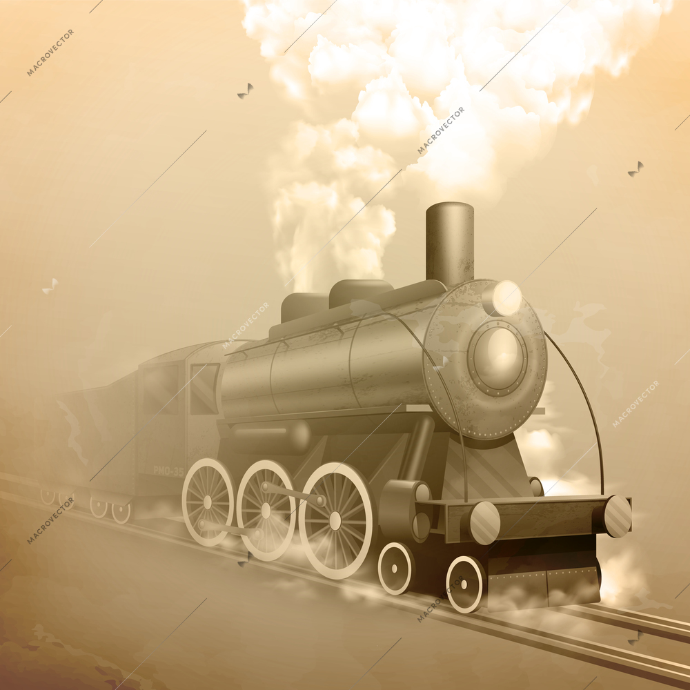 Old style locomotive with steam on railroad sepia vector illustration