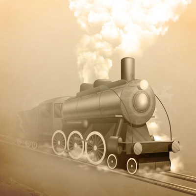 Old style locomotive with steam on railroad sepia vector illustration