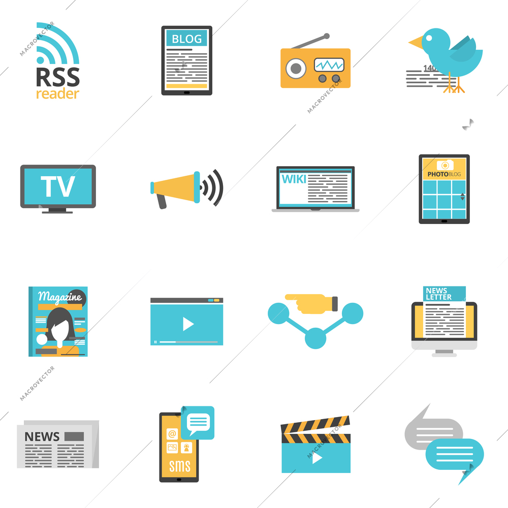 Mass media icons set with press online and photo media symbols flat isolated vector illustration