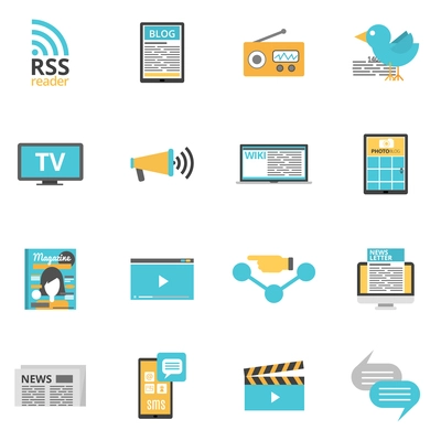 Mass media icons set with press online and photo media symbols flat isolated vector illustration