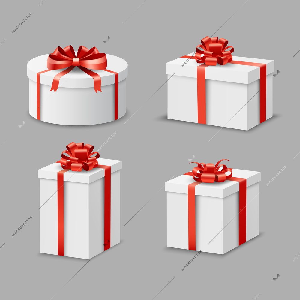 Holiday gift and present boxes paper set with red satin ribbons isolated vector illustration