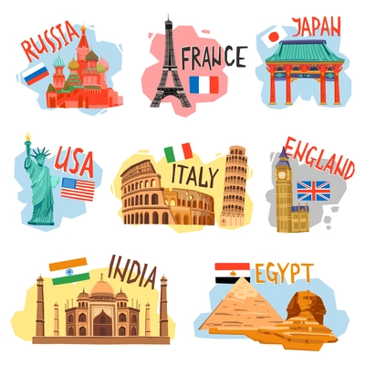 Vacation sightseeing tourism travel agencies flat pictograms collection with popular countries capitals symbols abstract isolated vector illustration