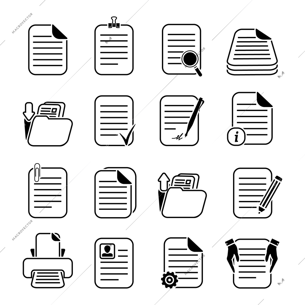 Documents paper and files written or printed icons set isolated vector illustration