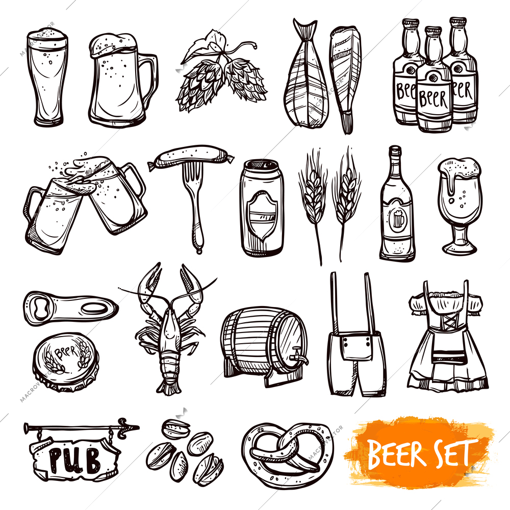 Beer black pictograms set with oak barrel hop malted barley grain and snacks doodle isolated vector illustration
