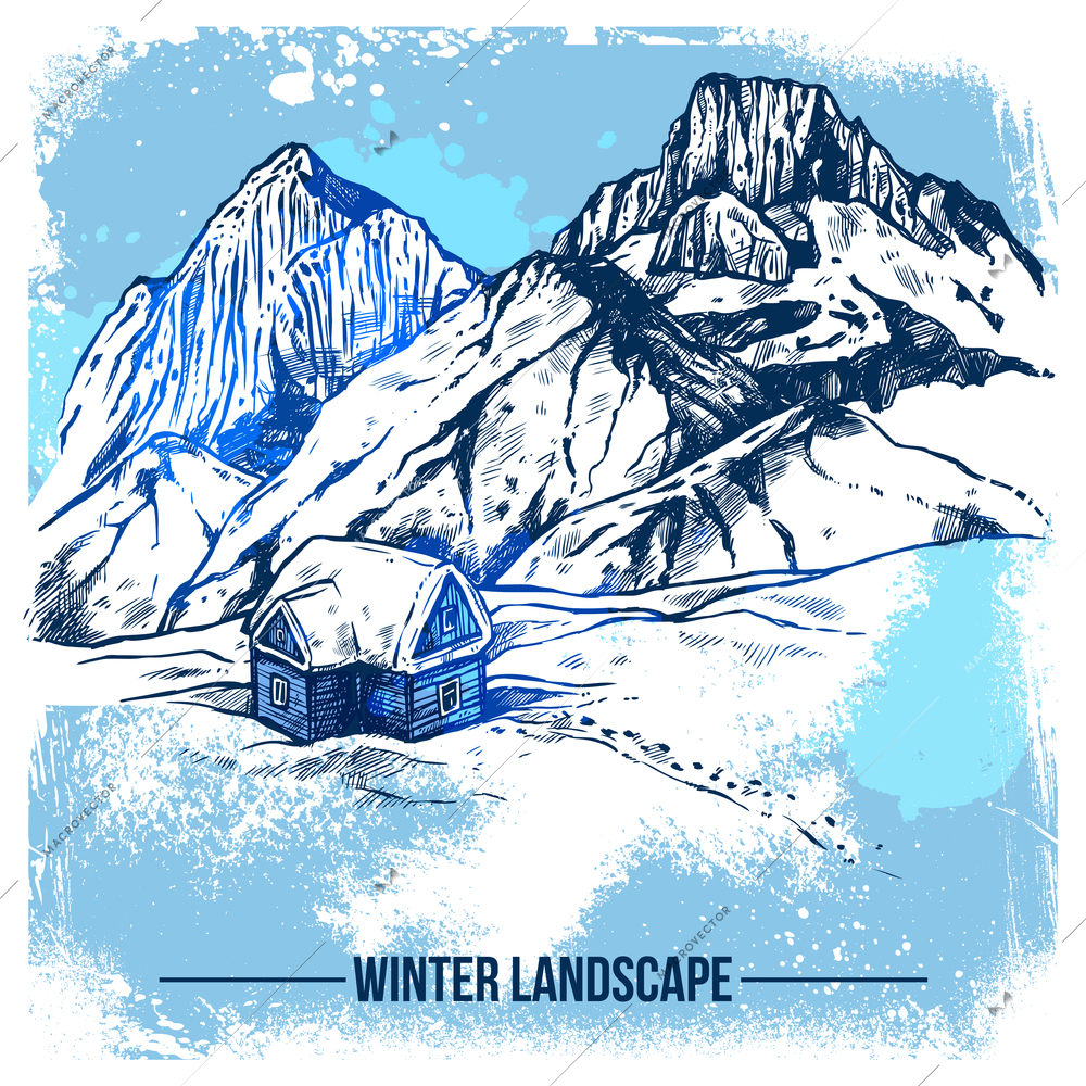 Sketch of winter landscape with remote house on snow wilderness and mountains background vector illustration