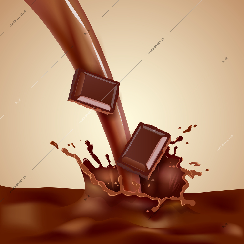 Sweet choco milk with pieces of chocolate and splashes realistic vector illustration