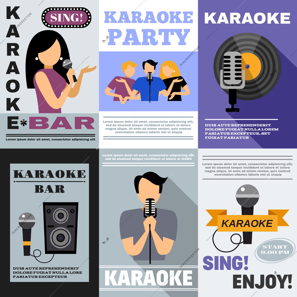 Karaoke bar mini poster set with singing people isolated vector illustration