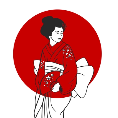 Japanese geisha in traditional clothing portrait with red sun circle on background vector illustration