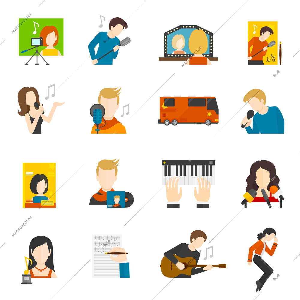 Pop music singer and concert flat icons set isolated vector illustration