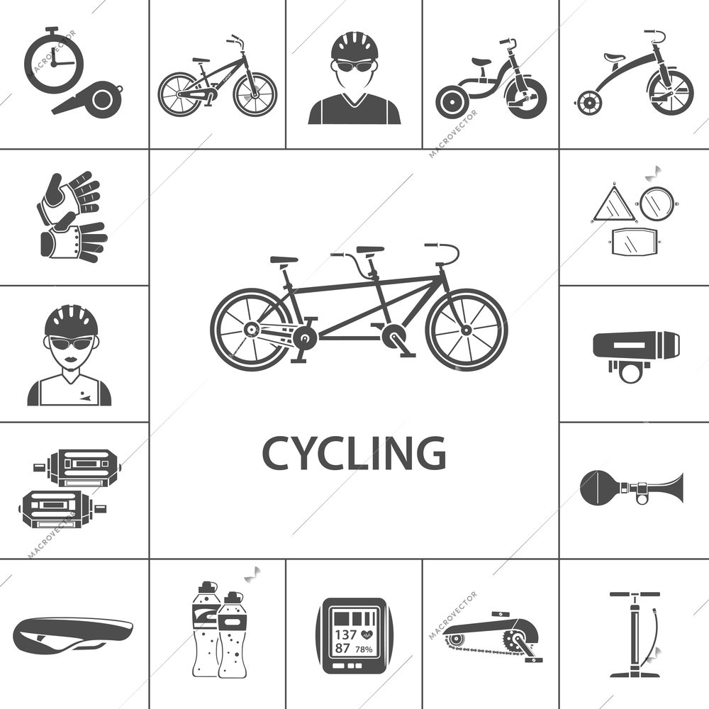 Bicycle black icons set with sportsmen avatars isolated vector illustration