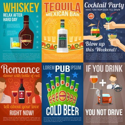 Alcohol drinks and cocktail mini poster set isolated vector illustration