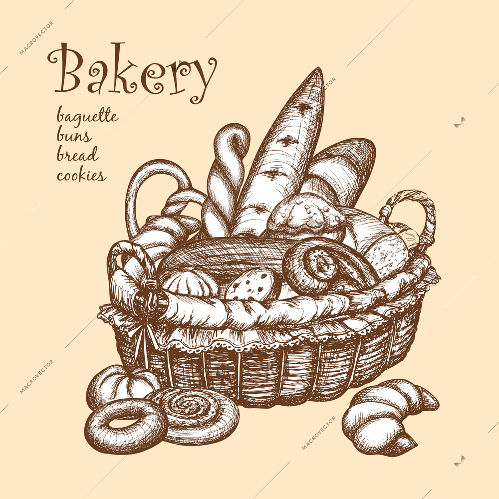 Retro style basket full of bakery stuff sketch vector illustration