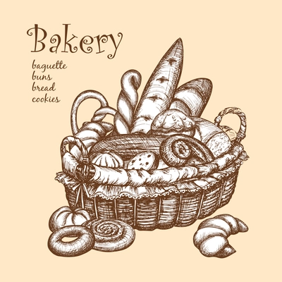 Retro style basket full of bakery stuff sketch vector illustration