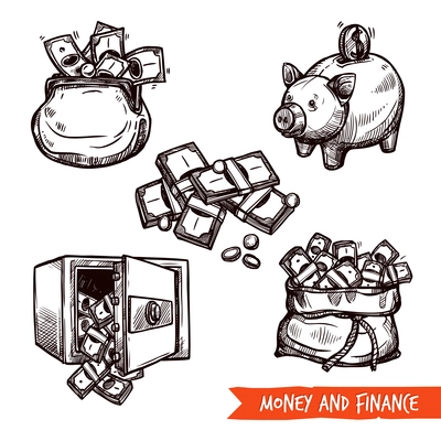 Hand drawn finance business safe money savings symbols pictograms set in doodle style abstract vector isolated illustration